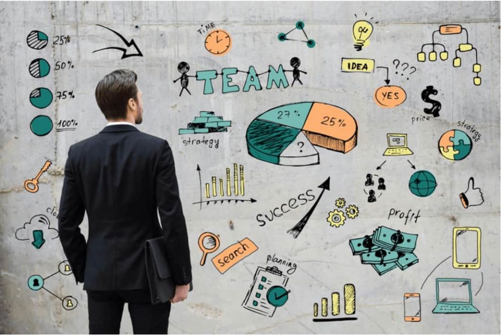 Man looking at a wall with some graphics in color green, yellow, orange, Grey, black, the word idea, team, search, success, profit, planning, strategy, price.