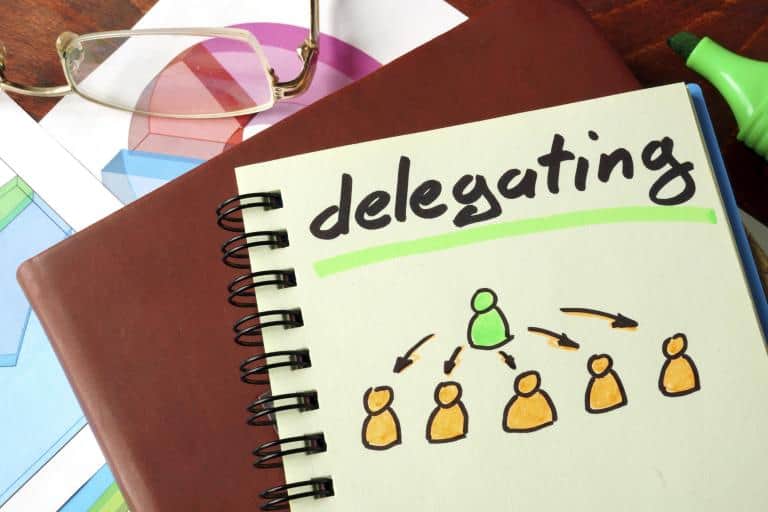 In a wooden table there are some documents, glasses, green marker, a brown book and a open notebook that in one of the pages has a headline delegating in black marker underling by a green marker and a illustration of a person delegating to 5 people