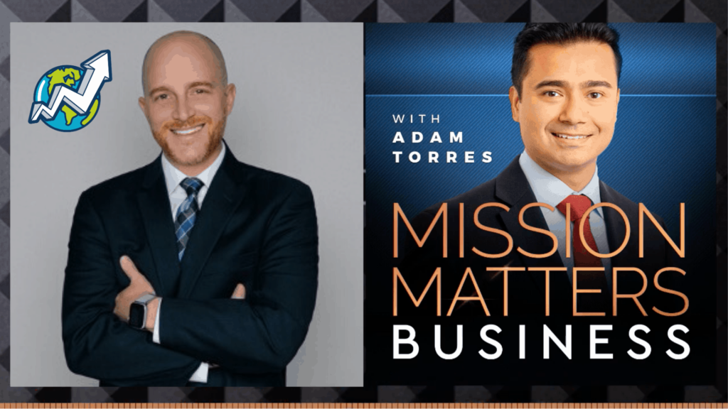 Brett with a suit, white shirt and a blue, black ,gray tie crossing his hands while smiling a smiling of next to an image of a man in a black with red tie smiling promoting in the image: the Podcast Mission matters letters in color orange an business in white