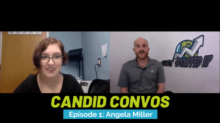 Tittle Candid Convos featuring Angela Miller. At the left we can see Angela wearing her glasses and a black shit sitting in an office, and in the other side is Brett sitting in his office near the GSU Logo with a gray shirt with the GSU Logo.