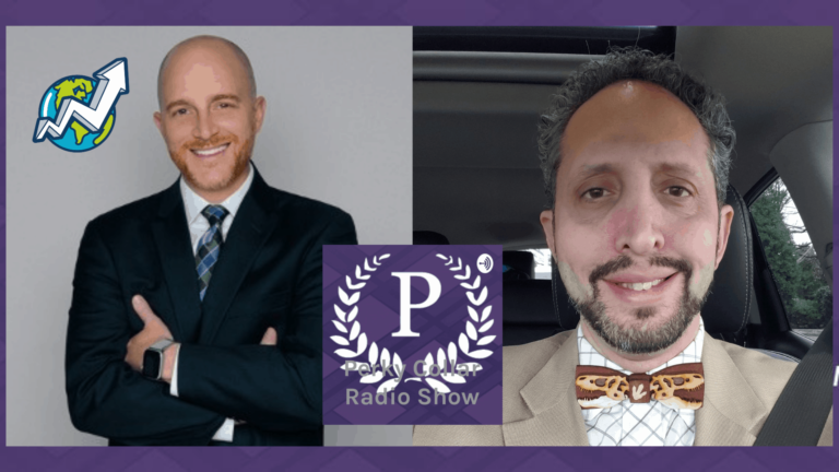 Brett smiling wearing a suit with a white shirt and a blue tie crossing his arms, near him is the GSU Logo. At the right we can see a man smiling in a car wearing a brown suit, white squared shirt and a bow with some dinosaurs in it. The image as well shows an the logo for Perky Collar Radio Show