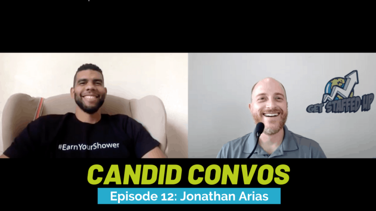 At the left smiling wearing a black shirt that says #Earnyourshower sitting in a beige couch, and in the right is Brett Trembly smiling wearing a grey shirt sitting near a microphone. As well in the back ground he has a GSU Logo. The tittle of the image says Candid Convos, episode 12 Featuring Jonathan Arias