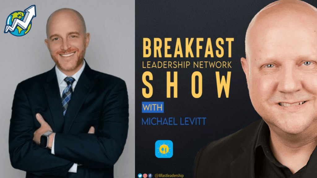 Brett smiling in a suit whit white shirt and blue tie, net to him is the GSU Logo. At the right is a man smiling wearing a black shirt and a tittle that says Breakfast Leadership Network Show with Michael Levitt