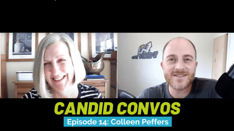 At the left is woman smiling wearing a stripe shirt sitting in a room with some paintings, At the left is Brett Trembly wearing a grey shirt sitting close to a microphone, and in the room there is a logo of Get staffed up. Also there is a tittle saying Candid Convos , Episode 14 Featuring Colleen Peffers