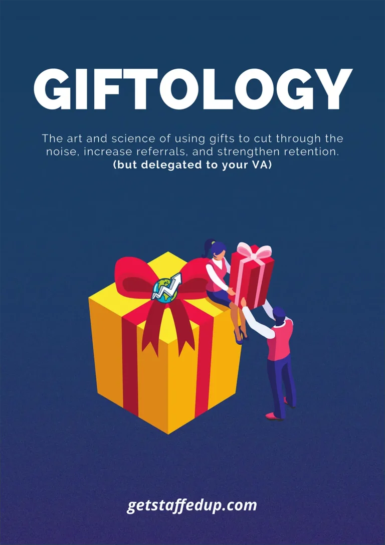 Giftology, should you be using a virtual assistant? - resource cover illustration of a person stacking giant gifts