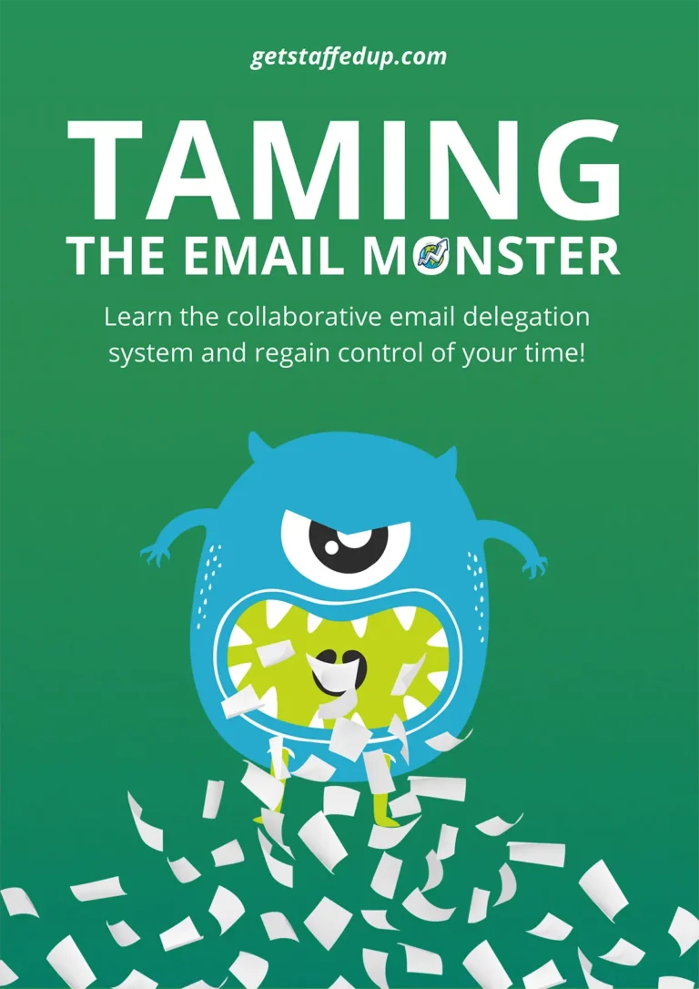 "Taming The Email Monster" - resource cover illustration of a one-eyed blue monster spitting out a bunch of emails