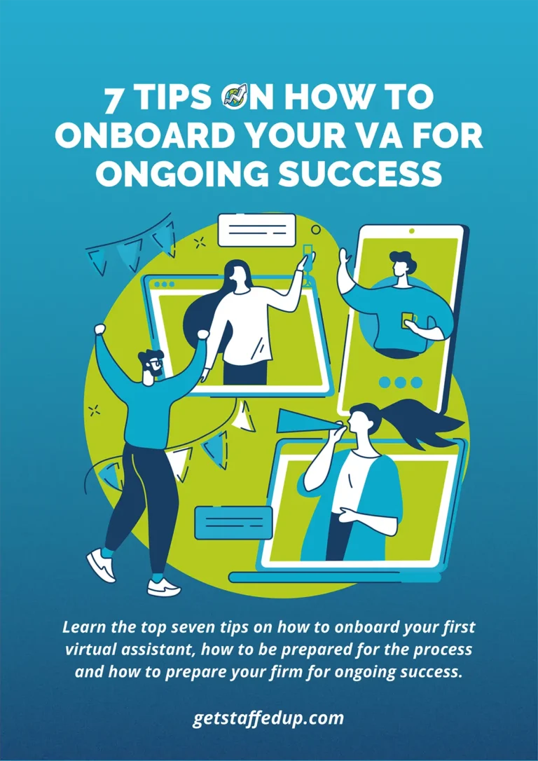 7 Tips On How To Onboard Your VA For Ongoing Success - resource cover illustration showing a group of VAs inside of different devices celebrating