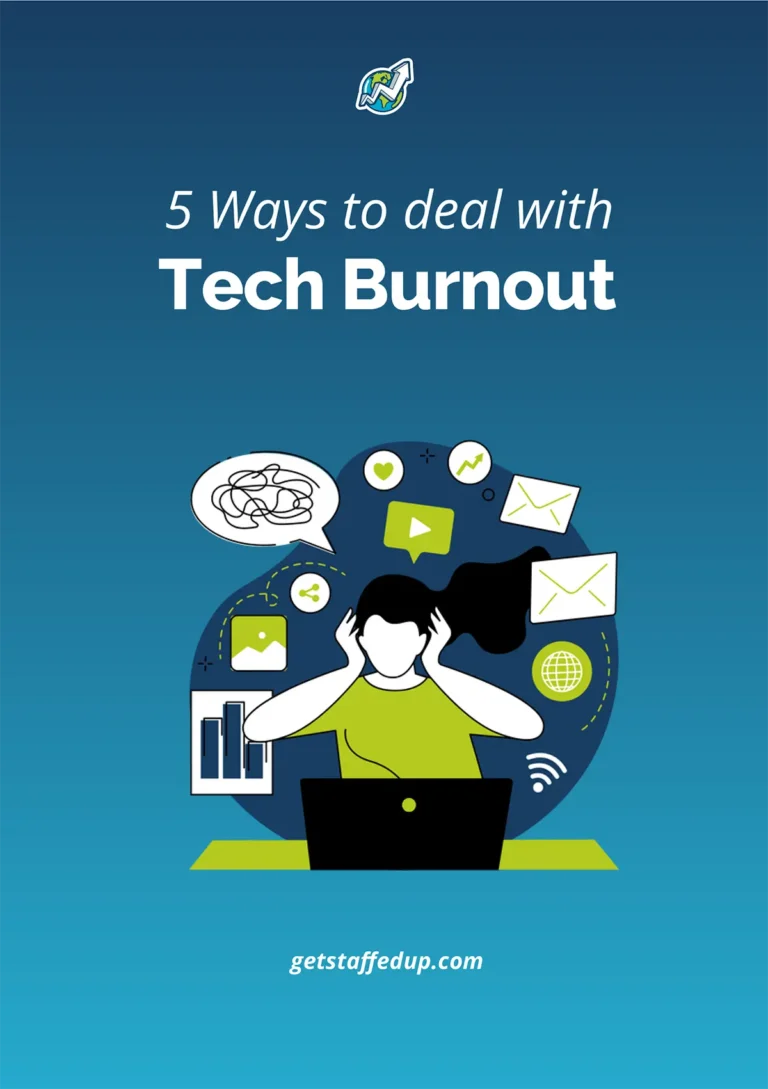 5 ways to deal with tech burnout - cover illustration of woman looking at laptop overwhelmed and a series of task icons surrounding her in the background.