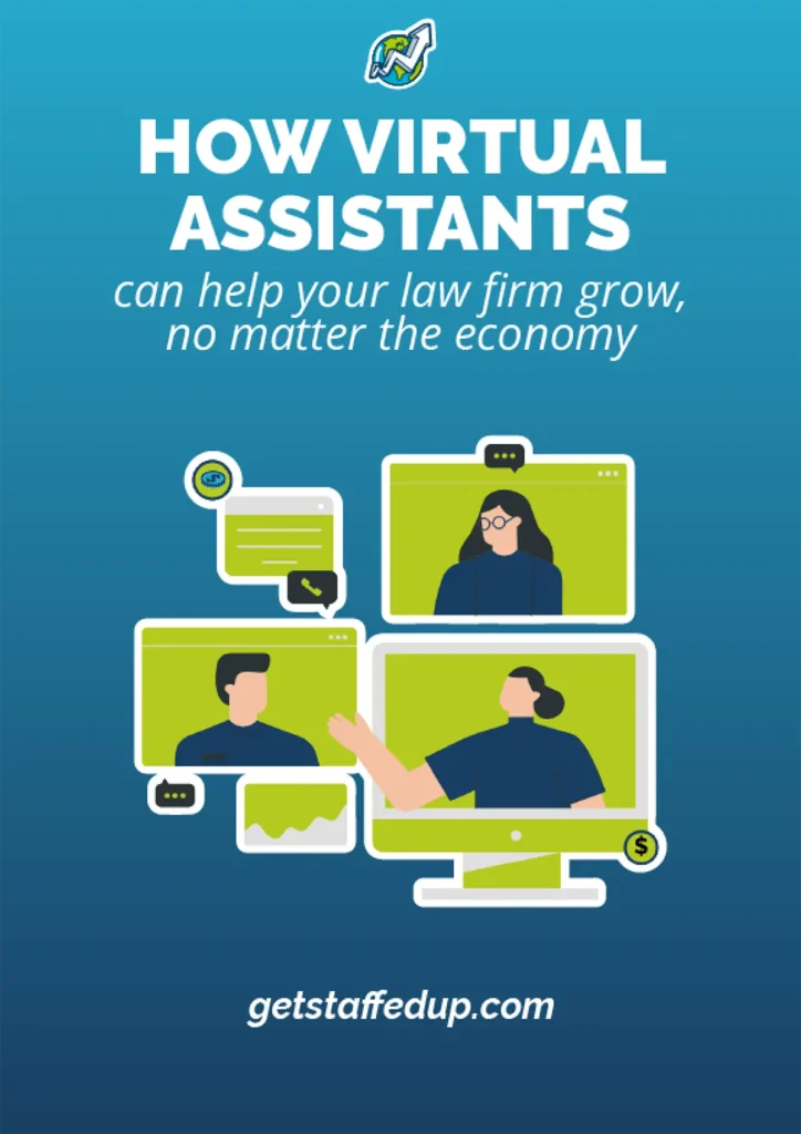 how virtual assistants can help your law firm grow, no matter the economy - cover illustration of virtual assistants inside screens interacting.