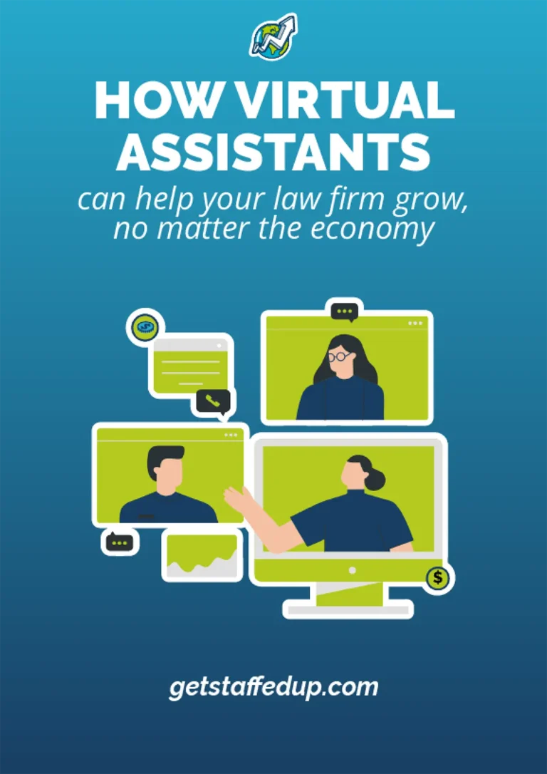 how virtual assistants can help your law firm grow, no matter the economy - cover illustration of virtual assistants inside screens interacting.