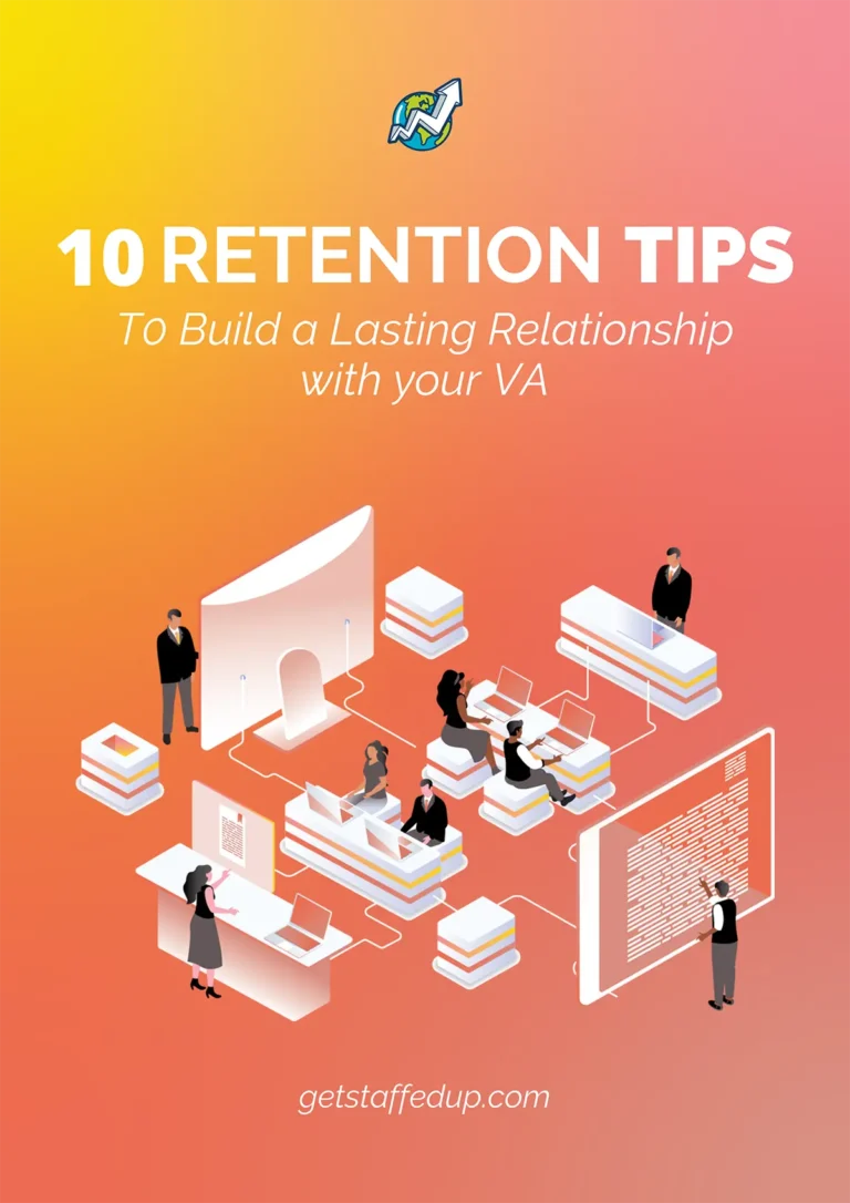 10 Retention Tips To Build A Lasting Relationship With Your VA - resource cover illustration of a digital environment with assistants working at computers