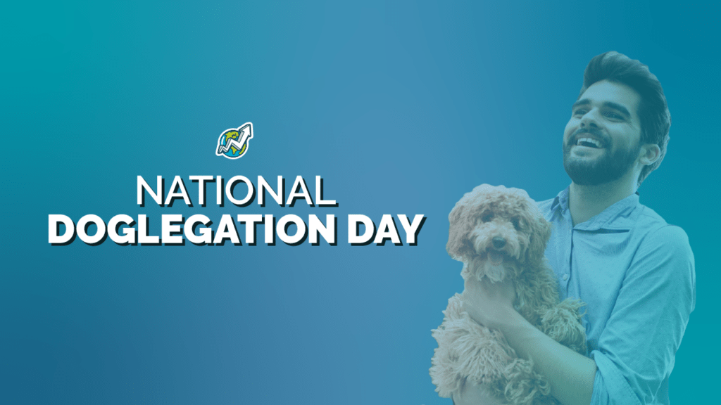 banner with the title "National Doglegation Day" to the left and a happy smiling man holding a long-haired medium sized dog