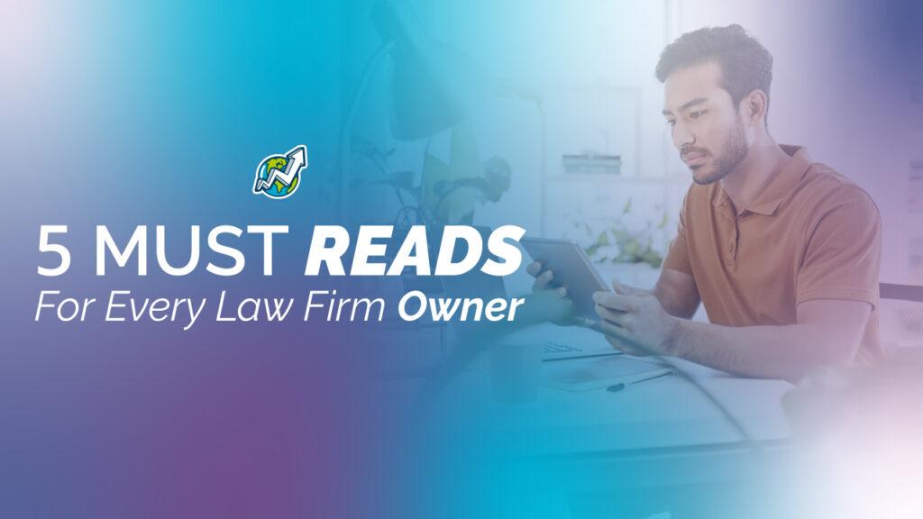 banner with title "5 must reads for every law firm owner" to the left and a man looking at a tablet as a background