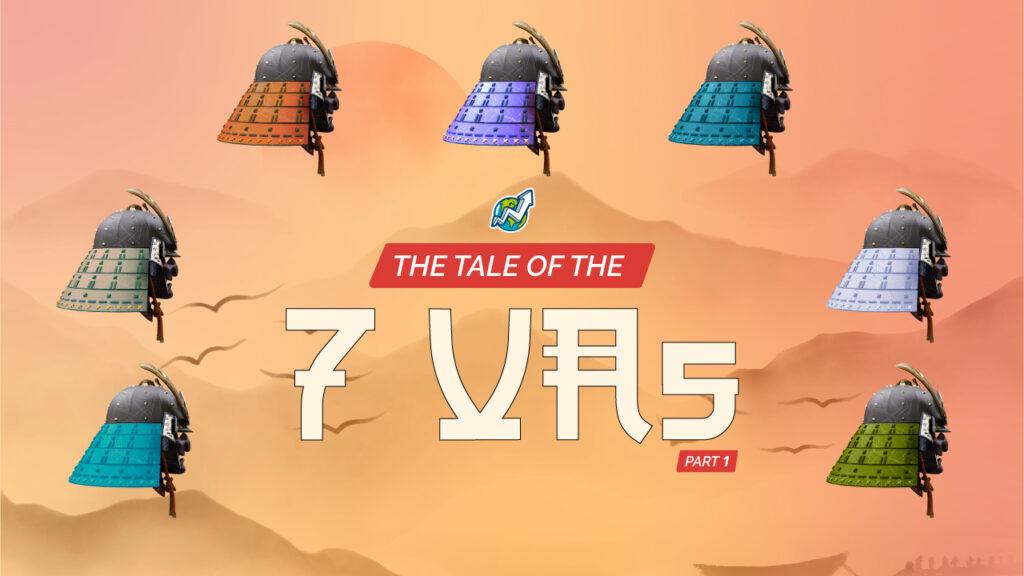 Banner with title "The tale of the 7 VAs Part 1" surrounded by ninja helmets on different colors against a pink and orange toned background with mountains and a rising sun