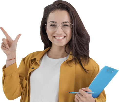 smiling woman wearing glasses and a yellow shirt pointing her right index finger and thumb in the shape of an "L"