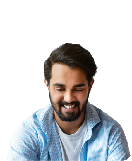 man with blue shirt smiling
