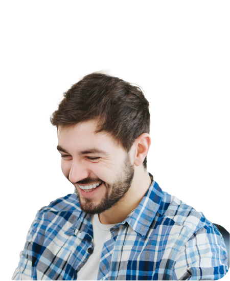 man with plaid blue shirt smiling
