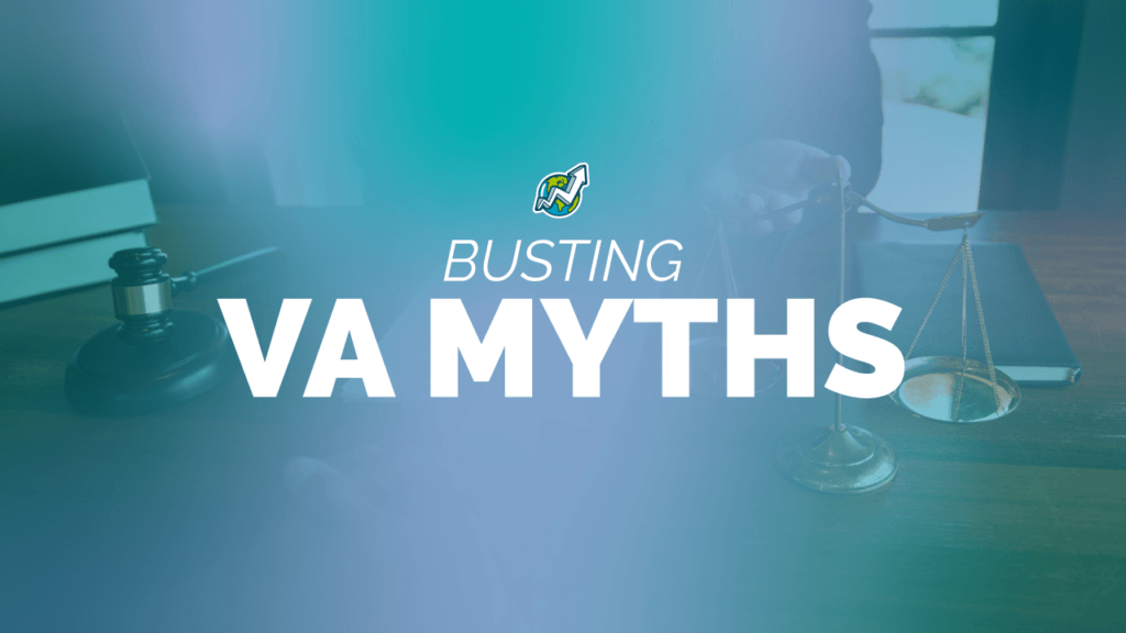 blog banner with the title "Busting VA Myths" in white with a GSU logo on top, and a transparent purple and green gradient on top of an image of a desk with a judge's maze and balance on top and a person sitting behind