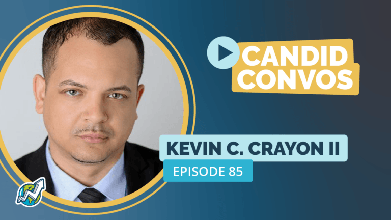 banner with with a dark blue gradient background and Kevin Crayon II's picture inside a circle with a double orange stroke and GSU logo below to the left, and the title "Candid Convos. Kevin C. Crayon II. Episode 85" to the right