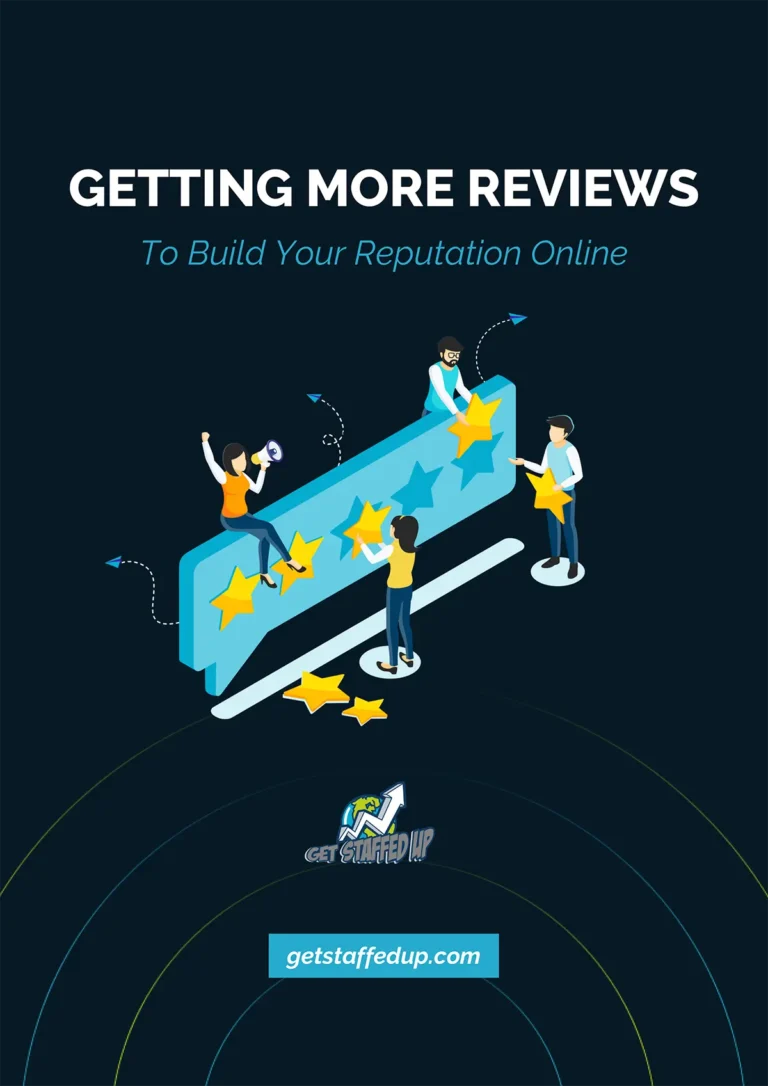 Getting More Reviews To Build Your Reputation Online - resource cover illustration of a group of people attaching stars to a giant speech bubble