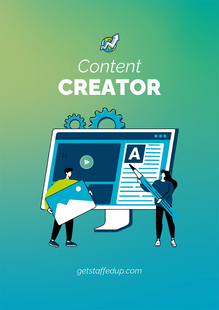 Content Creator Job Description cover illustration of assistants pointing with a giant pencil and image to a monitor screen.