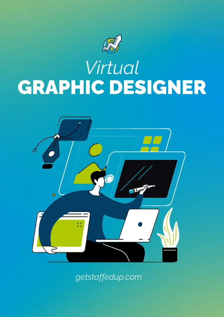 Graphic Designer Job Description cover illustration of a man drawing on a tablet while holding a screen icon, with a laptop on his lap and giant image and vector icons floating around.