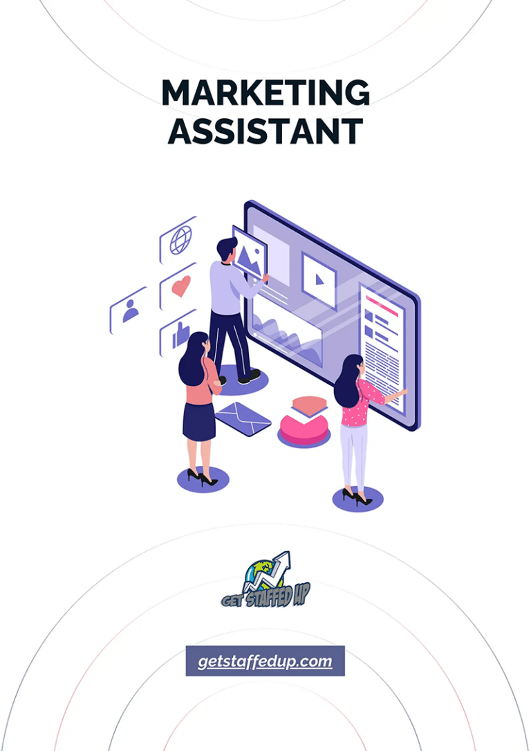 Marketing Assistant Job Description cover illustration with assistants looking at a giant screen holding icons of charts, documents, videos, and email envelope.