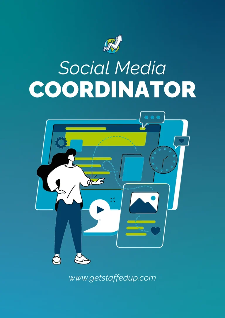 Social Media Coordinator Job Description cover illustration of woman looking at a desktop screen with a browser window with a panel, and chat globes around the screen.