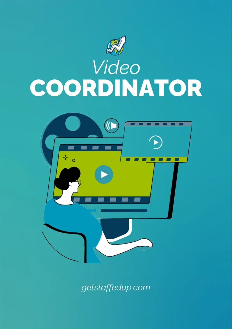 Video Coordinator Job Description cover illustration of a person looking at a desktop monitor with video players and icons around the screen.