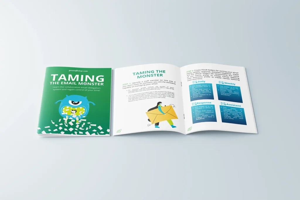 "Taming The Email Monster" - resource cover - booklet with an illustration of a one-eyed blue monster spitting out a bunch of emails